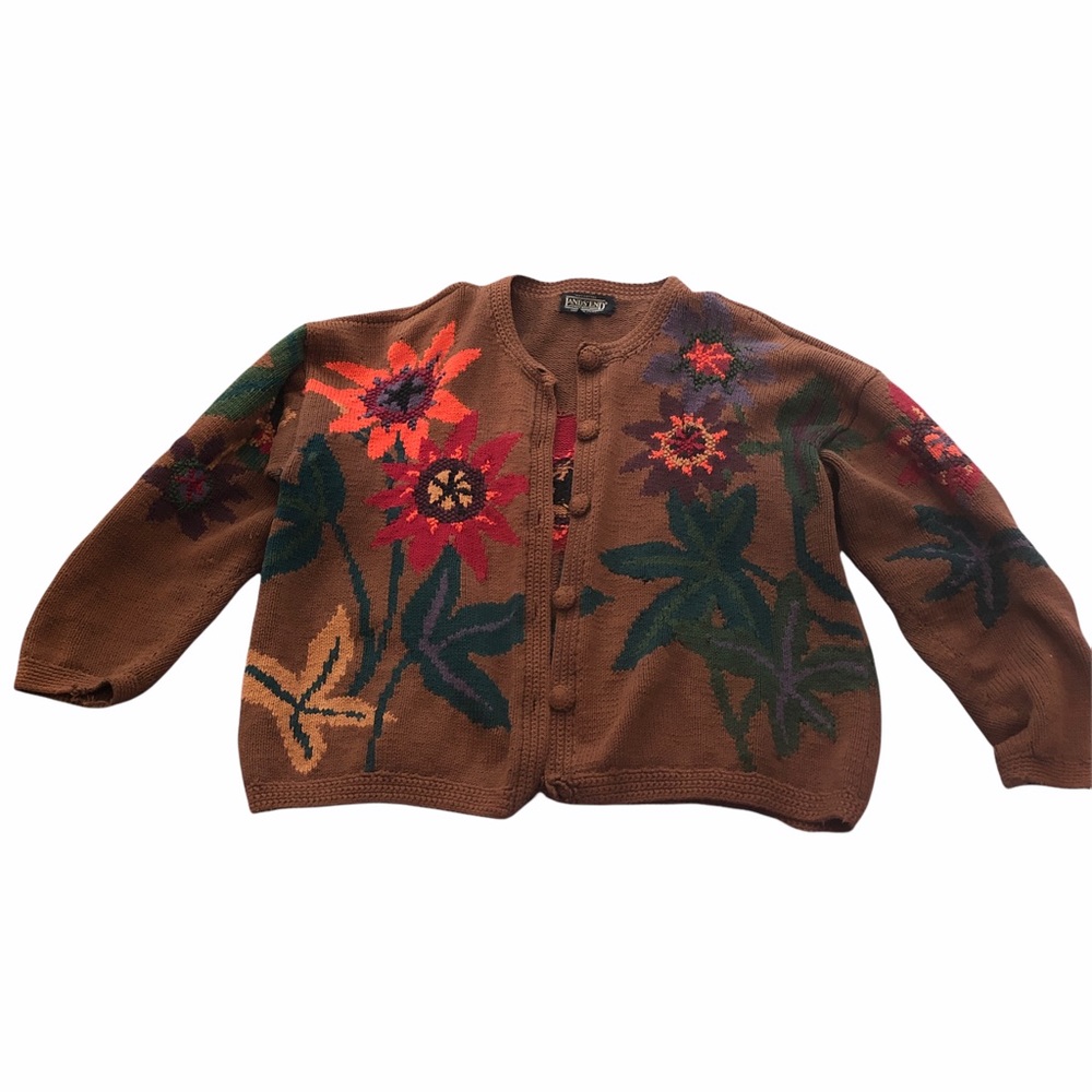 Lands End Brown Flower Covered Cardigan